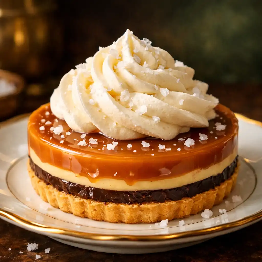 Tarta z karmelem i solą morską zwieńczona kremem chantilly