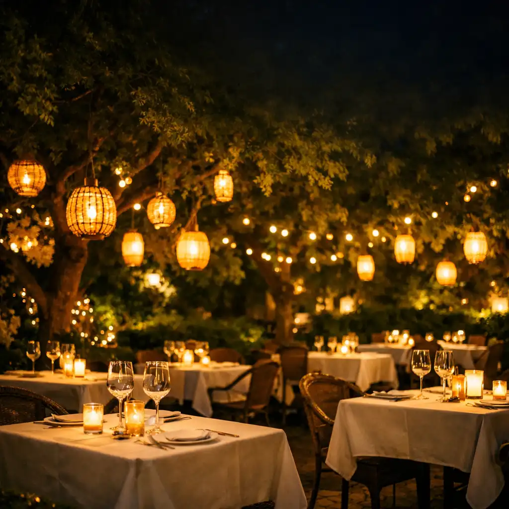 Wieczorny ogród restauracji z lampionami, nakrytymi stolikami i bujną zielenią