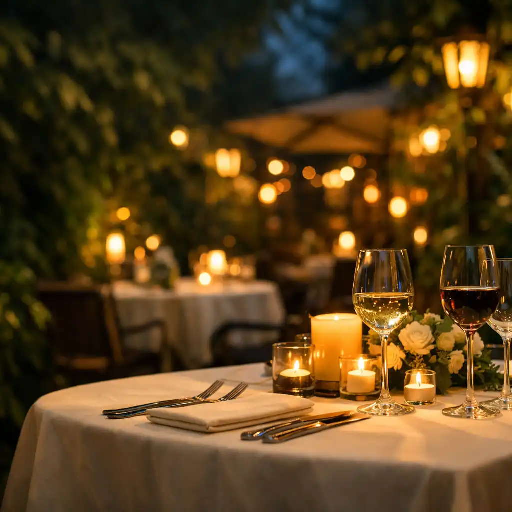 Wieczorny ogród restauracji z nakrytym stołem, lampionami i bujną roślinnością