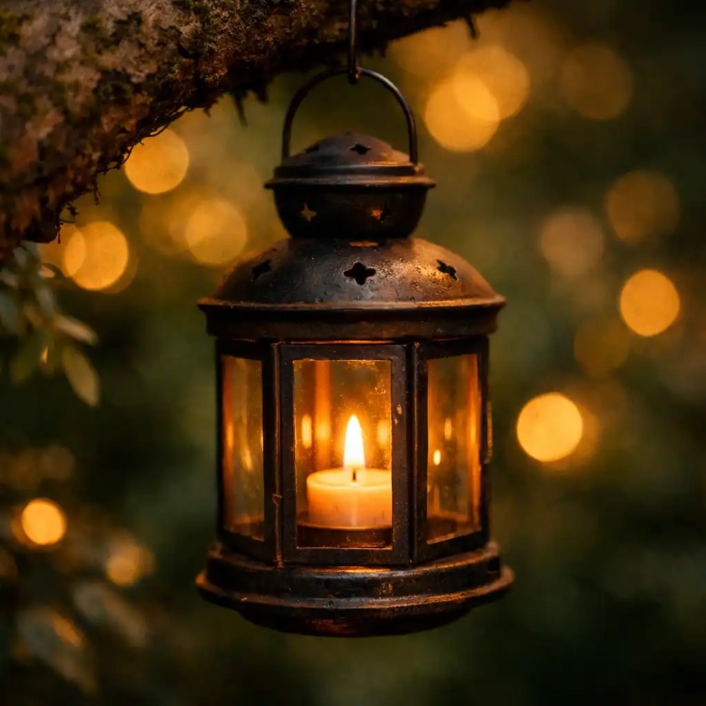 Detal lampionu wiszącego na gałęzi drzewa w ogrodzie