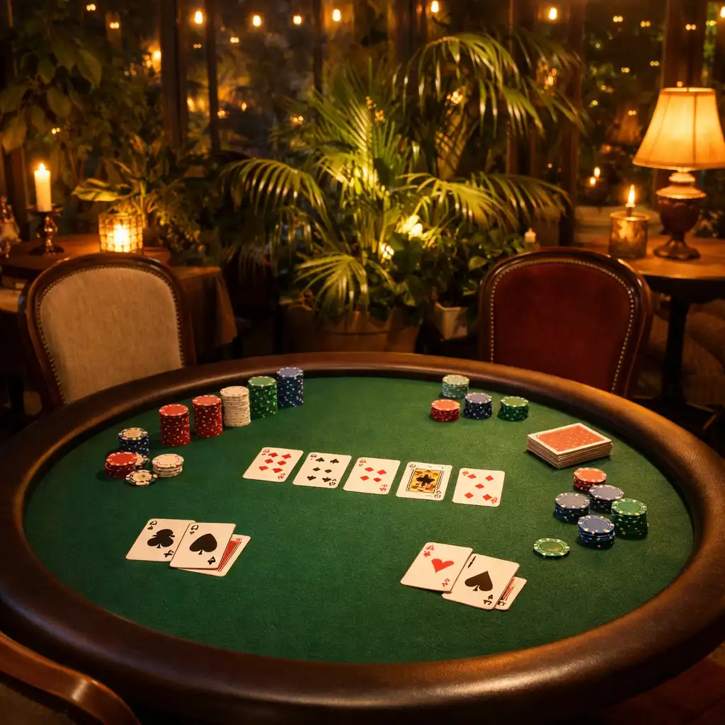 Stół pokerowy w oranżerii Wieczornego Ogrodu wieczorem, z zielonym suknem, kartami i symbolicznymi żetonami