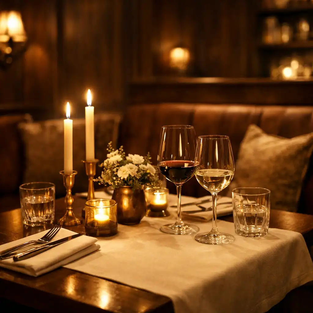 Kameralne wnętrze restauracji z ciemnym drewnem, miękkimi tkaninami i subtelnym oświetleniem