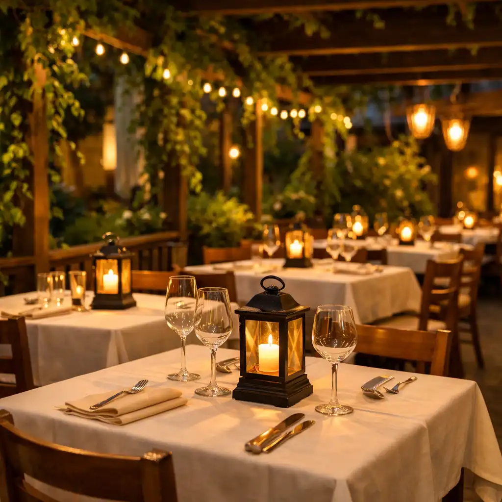 Wieczorny taras restauracji z lampionami i elegancko nakrytymi stołami