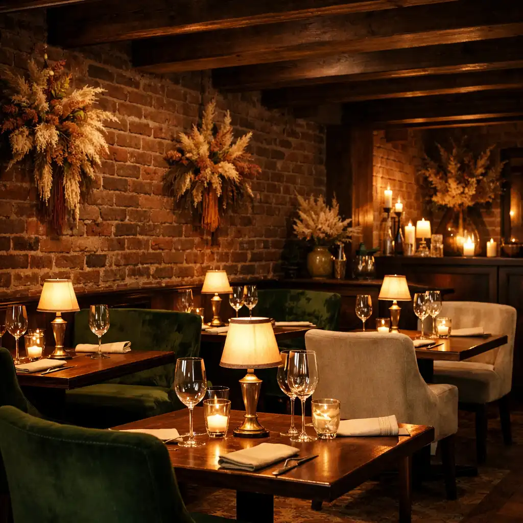 Kameralne wnętrze restauracji z ceglaną ścianą, drewnianymi belkami i ciepłym światłem